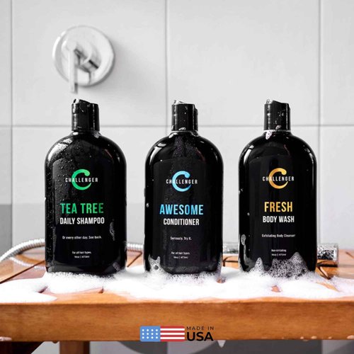 Challenger Men’s Tea Tree Shampoo, Conditioner, & Fresh Body Wash Trio, 3X 16 Oz Bottles | Sulfate Free w/Vitamins, Argan Oil, Biotin | Keratin, Vitamin C, Vitamin D, Protein, No Artificial Colors