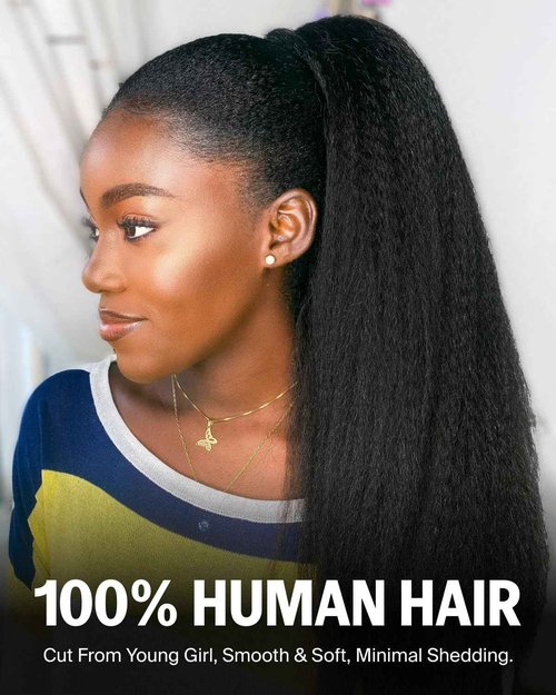 Megalook hair Yaki Straight Half Wig Human Hair Drawstring Ponytail Wig 3 In 1 Beginner Friendly No Lace Flip Over Half Wig Headband Wig Human Hair 200% Density Glueless Wigs for Women 20 Inch