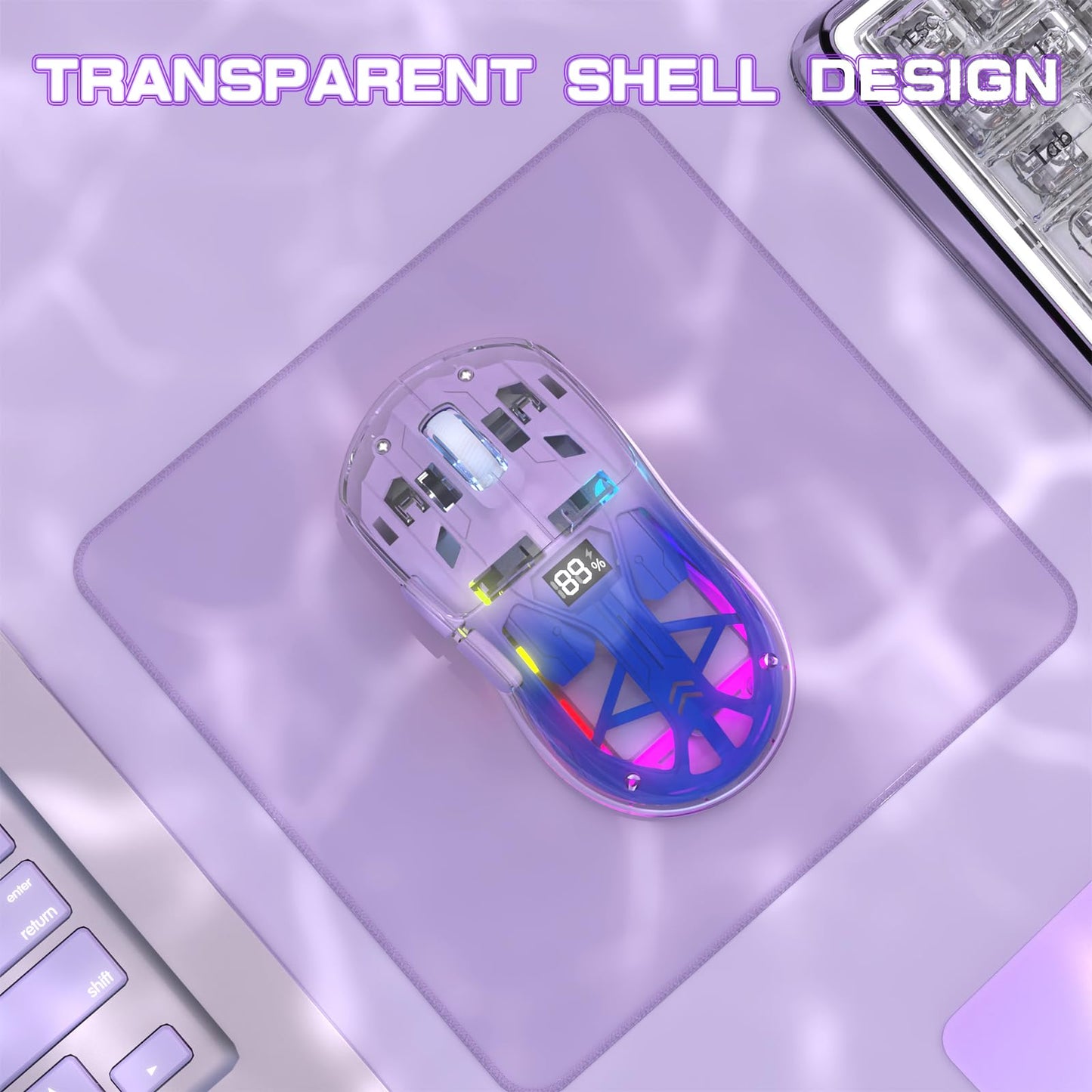 ZIYOU LANG A2 Transparent Wireless Gaming Mouse with Battery Level Display,Bluetooth/2.4G Wireless PC Mice,3D RGB Backlit,5 Million Clicks,PixArt 3212,up to 4000 DPI for Win/MAC,Purple