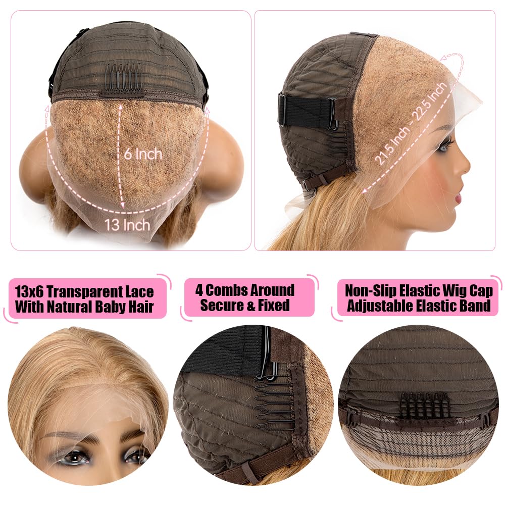 KTOOYKE Honey Blonde Wig Human Hair 22 Inch 13x6 Hd Lace Front Wigs Human Hair Pre Plucked 200% Density 27# Body Wave Lace Frontal Wigs Honey Blonde Wigs For Women