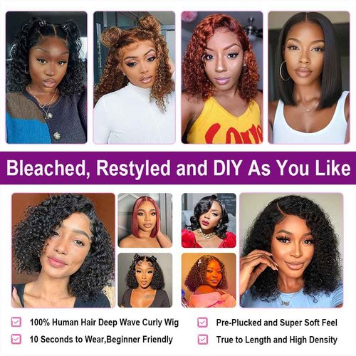 Curly Bob Wigs Human Hair Wear and Go Glueless Bob Wig Human Hair Pre Plucked Pre Cut 5x5 HD Lace Closure Wigs for Black Women Deep Wave Lace Front Short Curly Wigs 180 Density Natural Black 12 Inch