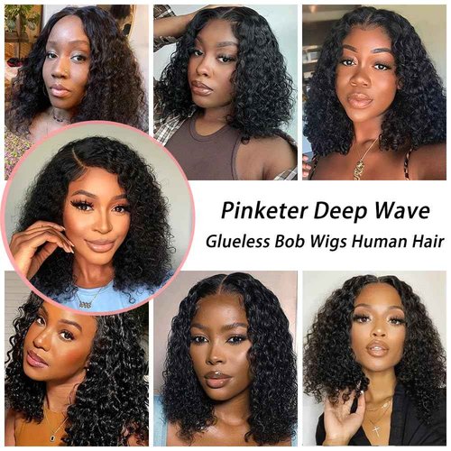 Bob Wig Human Hair Deep Wave Glueless Wigs Human Hair Pre Plucked Pre Cut 4x4 Wear and Go Wig for Black Women Beginner Friendly Natural Color (Glueless Curly Wig, 16inch)