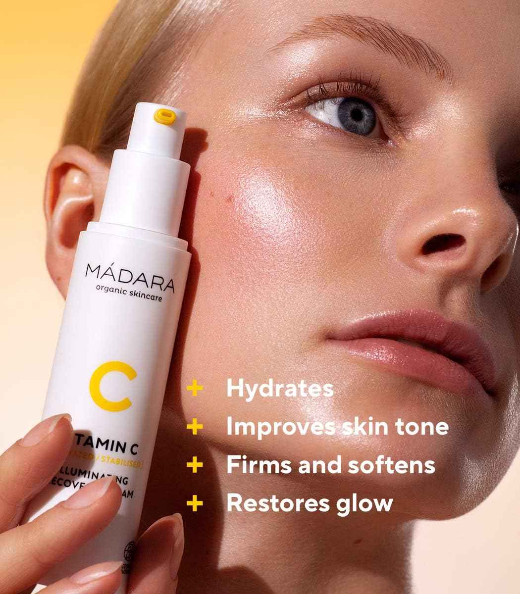 MÁDARA Organic Skincare | Vitamin C Illuminating Recovery Cream – 50 ml, Vitamin C moisturiser with hyaluronic acid, Hydrating and brightening face cream, All skin types, Vegan, Ecocert certified