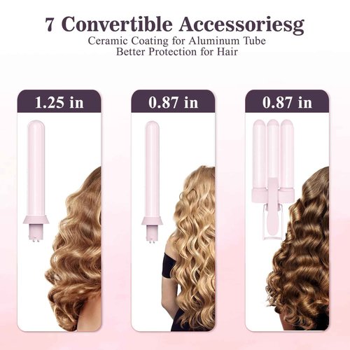 Curling Iron Set 7-in-1, Curling Wand Set with 7 Interchangeable Barrels Included A Heated Round Brush, 3 Hair Crimper, Ceramic Coating Protect Hair, with Gift Package (0.6"-1.25") Pink