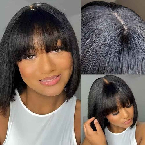 ISEE HAIR Bob Straight Wig with Bangs Human Hair Glueless Wig Ready to Go Human Hair Wigs For Women 180 Density (Straight, 14 Inch)