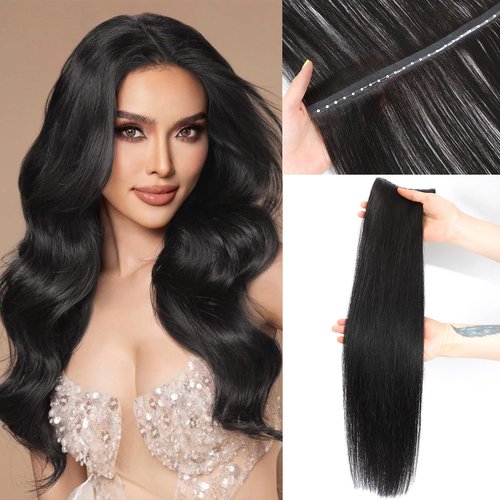Black Hair Extensions OVO Dual-Sided Weft Human Hair Extensions Invisible Flat Weft Extensions, Natural Looking Seamless Human Hair Extensions for Added Volume & Length