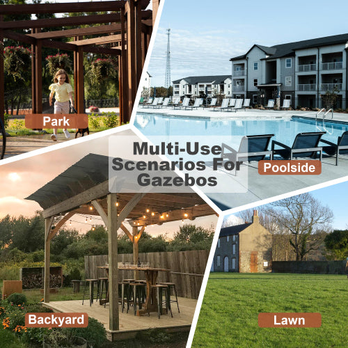 Wooden Pergola Grill Gazebo with Metal Roof, Bulbs & Bar Counters - 13x6.5 Feet