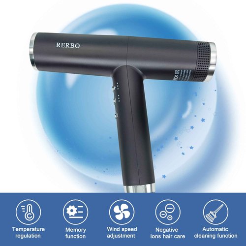 RERBO Professional Ionic Hair Dryer High-Speed 110000 RPM Low Noise Temperature Control Portable Negative Ionic Blow Dryer with Diffuser and Concentrator for Home, Travel and Salon