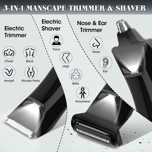 QREEYX Beard Trimmer for Men Groin & Body Hair Trimmer, Nose & Ear Clipper Head Razors for Bald Men, 5 in 1 Waterproof Manscape Kit with Travel Case, LED Display, Grooming Kit Gift for Him