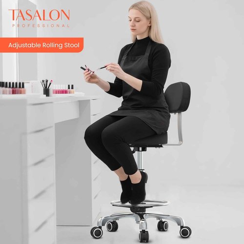 TASALON Professional Rolling Stool Chair, PU Leather Seat with Backrest,Height Adjustable, Swivel Metal Feet, Salon Spa Tattoo Massage Home Office Swivel Stool Chair Black