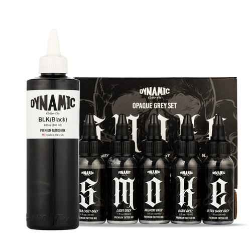 DYNAMIC Color Co- Tattoo Ink Bundle: Black 8 oz Bottle & Opaque Grey 1 oz Smoke Set - Vegan, USA-Made Tattoo Inks for Precision Artistry