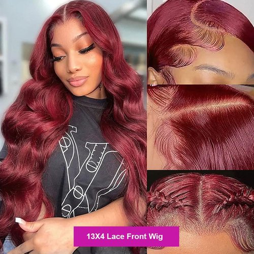 99j Lace Front Wigs Human Hair 13x4 Body Wave Burgundy Frontal Wig Glueless Wigs Human Hair Pre Plucked Red Lace Front Wigs for Black Women Human Hair 150% Density with Baby Hair (28 Inch)……