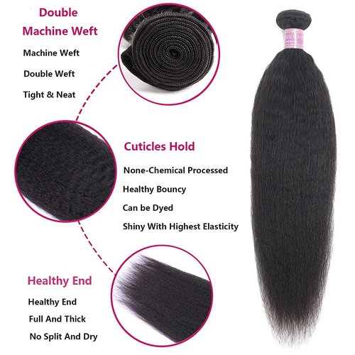 Kinky Straight Human Hair 3Bundles Natural Black Yaki Straigh Brazilian Virgin Remy Hair Grade 10A 100% Unprocessed Kinky Straight Human Hair Extensions (12 14 16 Inch, 3 Bundles)