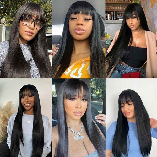 Abijale Straight Wigs Human Hair with Bangs 180% Density Brazilian Virgin Human Hair Wigs Glueless Machine Made Wigs for Women None Lace Front Wigs Natural Color 16 Inch