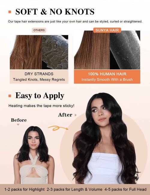 Sunya Tape in Hair Extensions Human Hair Jet Black 26 Inch Straight Black Tape in Hair Extensions #1 60g 20Pcs/Pack