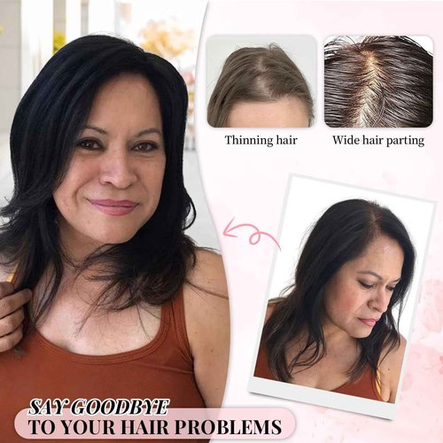 Fine Plus 14Inch Hair Toppers for Women Real Human Hair – Mono Base 3"x5", Natural Black Virgin Quality, for Thinning Crown & Wide Parting, Lightweight & Breathable, Add Volume Can Be Curled