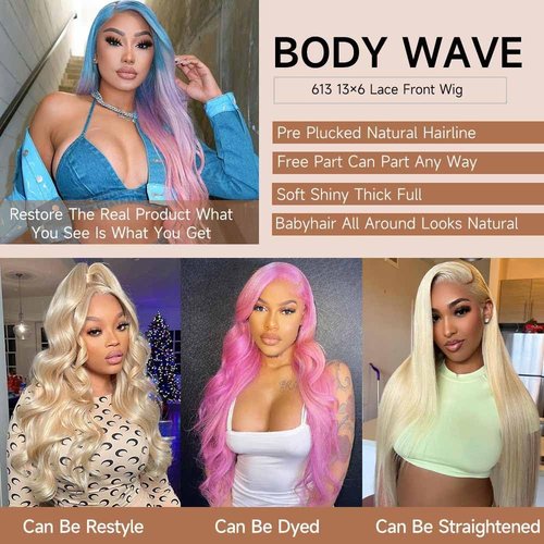 MUXFILLA 613 13x6 Lace Front Wig Human Hair 22-Inch Blonde Wig Body Wave for Black Women 200% Density Pre Plucked Glueless HD Lace Frontal Wig
