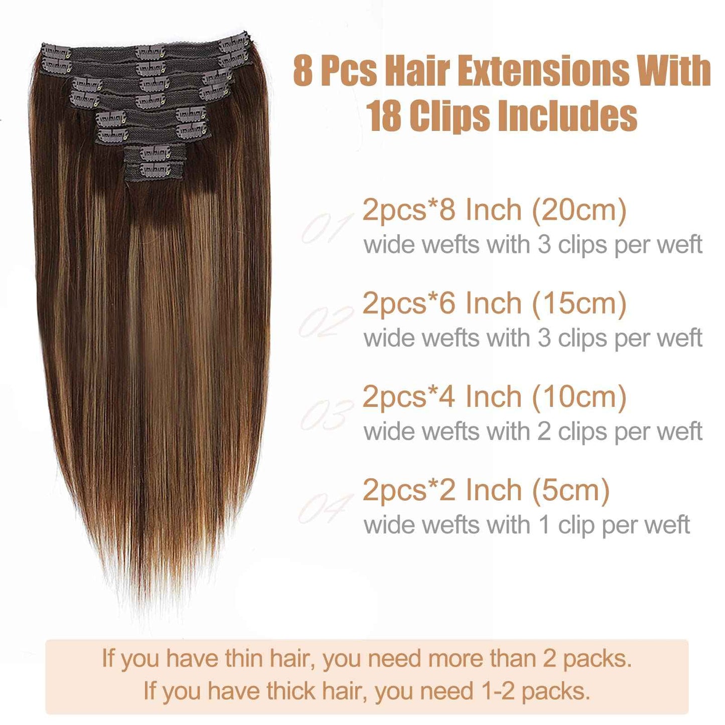 Goulus Clip-in Hair Extensions - Real Human Hair, 120g, 8pcs, Silky Straight, Chocolate Brown & Caramel Blonde, Double Weft, Thick Clip Ins (4/27/4,24)