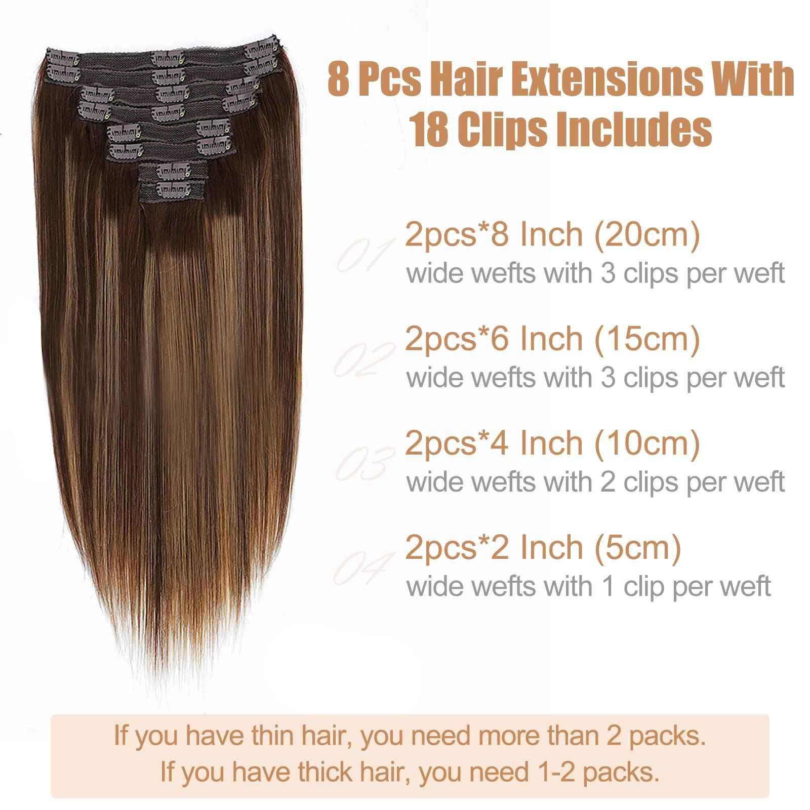 Goulus Clip-in Hair Extensions - Real Human Hair, 120g, 8pcs, Silky Straight, Chocolate Brown & Caramel Blonde, Double Weft, Thick Clip Ins (4/27/4,24)