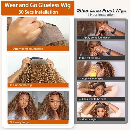 Smilegirl Highlight Glueless Wigs Human Hair Pre Plucked Pre Cut Ombre Honey Blonde Curly Lace Front Wig for Black Women 5x5 HD Lace Closure Wig for Beginners 180 Density