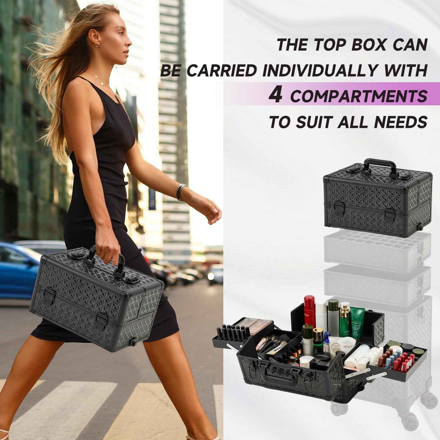 Leeora&Leekoo Portable Multi-Storey Nail Case for Nail Tech Organizer - Wheels Makeup Case Organizer, Cosmetic Case, Makeup Train Case, Make Up Case (Black)