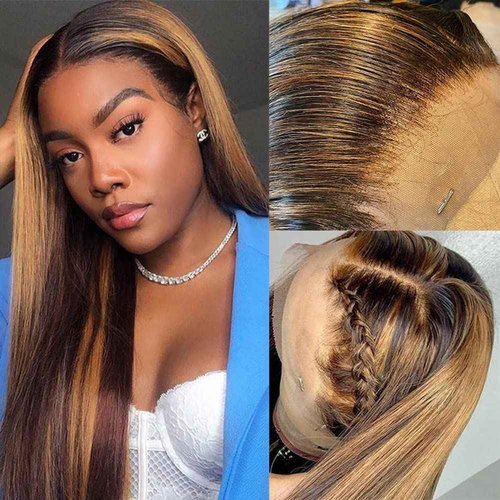 Sunelk Highlight Ombre Lace Front Wig Human Hair Colored 4/27 13x6x1 HD Transparent Lace Frontal Wigs Ombre Blonde Straight Human Hair Wigs for Women 150% Density Pre Plucked 22 inch