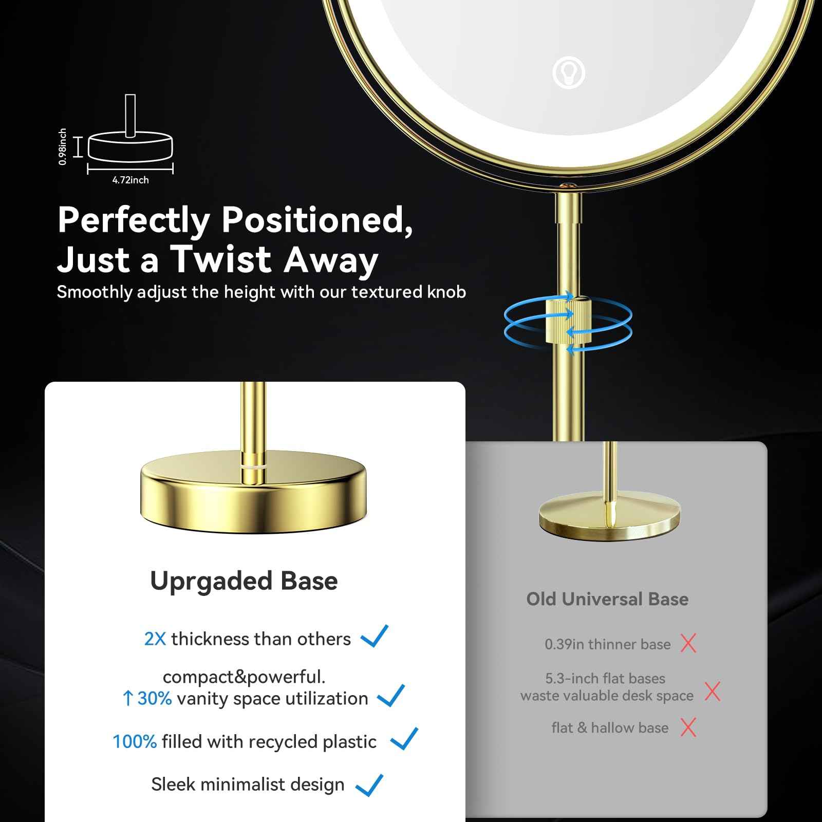 Nicesail 8” Rechargeable LED Magnifying Makeup Mirror with 3 Color Lights and 10X Magnification, Height Adjustable Stand up Lighted Magnifying Mirror, Double Sided 360°Rotation, Shiny Gold Finish