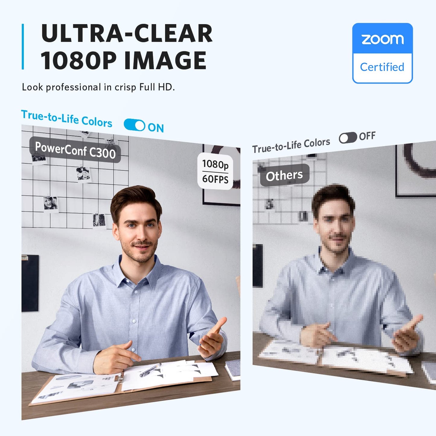 Anker PowerConf C300, AI-Powered Framing & Autofocus, Smart Full HD, Noise-Cancelling Microphones, Adjustable FoV, 60 FPS, Low-Light Correction, Zoom Certified, 1080p Webcam with HDR