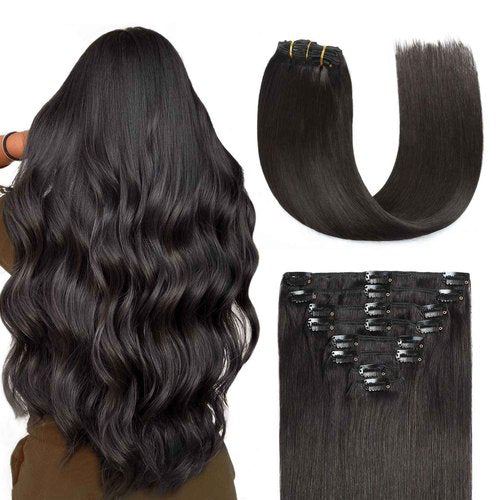 Sunya Clip in Hair Extensions Real Human Hair Natural Black Human Hair Clip in Extensions Double Weft Straight Hair 16 Inch #1B 8Pcs/120g