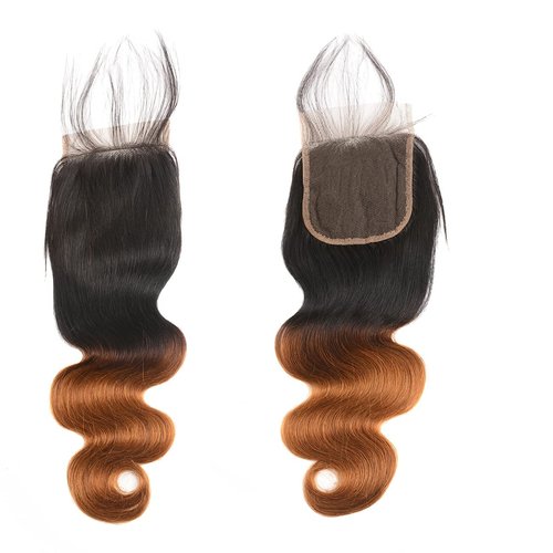 Ombre Human Hair 3 Bundles With 4x4 Lace Closure 1B/30 Two-tone Ombre Brown Body Wave Bundles with Closure Brazilian Virgin Human Hair Extensions For Women (T1B/30,14 16 18+12)