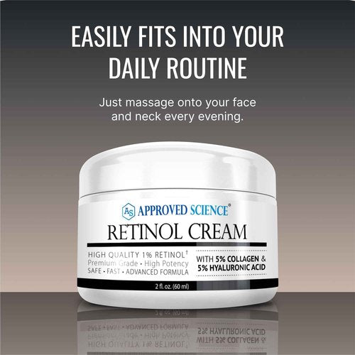Approved Science Retinol Cream with 1% Retinol, 5% Collagen, and 5% Hyaluronic Acid - Revitalize, Brighten, Firm, and Plump Skin - 2 fl. oz. (60 ml)