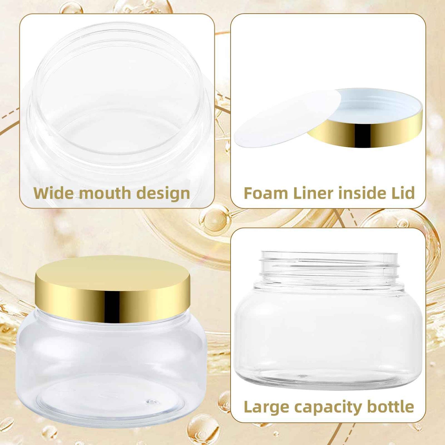 48 Pack 8 Oz Plastic Containers With Lids and Waterproof Label BPA Free - Refillable Transparent Cosmetic Containers for Body Butter,Sugar Scrubs,Cream,Lotions,Candy,Bath Salt (48, Gold)
