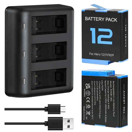 2-Pack 1800mAh Batteries for GoPro Hero 12 11 10 9, with USB Fast Charger and Protection Case, Perfectly Compatible with GoPro Hero 12 11 10 9 Black