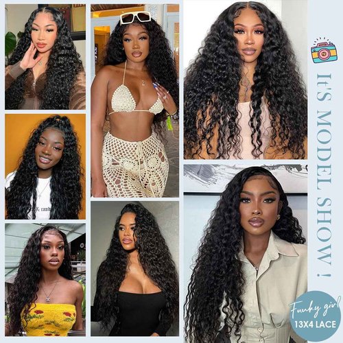 Funky girl Water Wave 13x4 HD Lace Front Wigs Human Hair 180 Density Wet And Wavy Human Hair Wig Pre Plucked Wigs for Woman With Baby Hair Natural Black Color 28 Inch