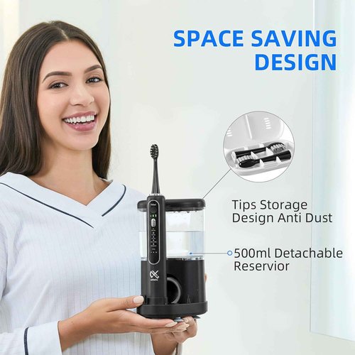 Alfelix Professional Flossing Electric Toothbrush with Water Flosser, 2 in 1 Toothbrush and Water Flosser Combo, Sonic Electric Toothbrush Cordless Flossing Brush (Black)