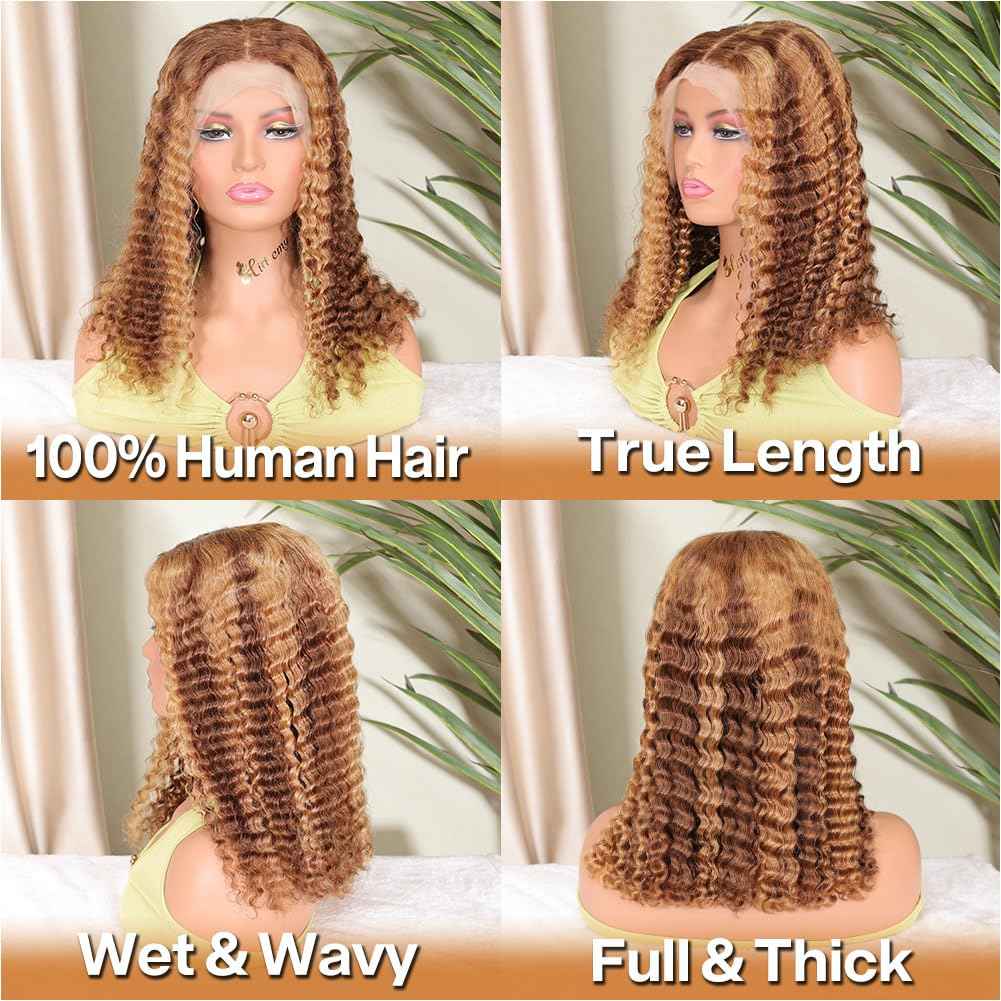 HIRIREMY Curly Bob Wig Human Hair Deep Wave 13x4 HD Lace Front Wigs For Black Women Human Hair Pre Plucked Wear And Go Glueless Short Wet And Wavy Ombre Honey Blonde Highlight Color 4/27 16 Inch
