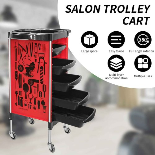 RED by Salon Trolley Cart, Multifunction 5 Drawer Hair Stylist Salon Station Rolling Cart Professional Hairdresser Hair Dye Storage Beauty Barber Moveable Station