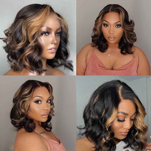 QTIKER Glueless Short Body Wave Lace Front Wigs Human Hair with Blonde Highlight Pre Plucked 13X4 HD Transaprent Lace Wigs Side Part Medium Part Frontal Bob Wig For Women (14inch, Blonde Highlight)