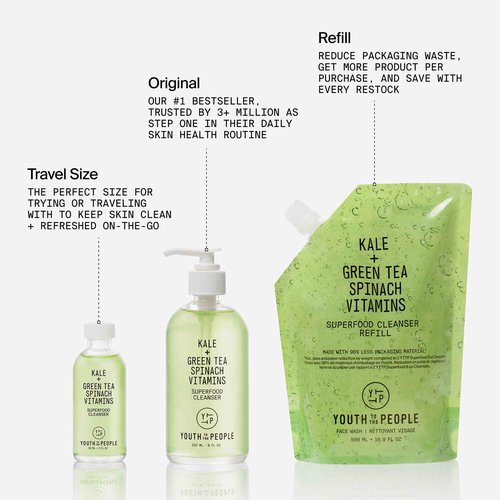 Youth To The People Superfood Facial Cleanser Refill - Kale + Green Tea Daily Face Wash, Gentle Makeup Remover, with Soothing Antioxidants for Glowing Skin, pH Balance, Clean Pores – 16 fl oz