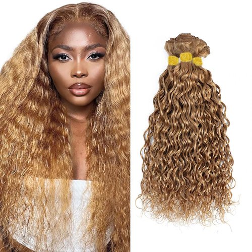 Color #27 Honey Blonde Water Wave Human Hair Bundles 22 24 26 Inch Brazilian Remy Hair Extensions - Wet and Wavy