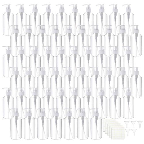 TANEMUDO 57 Pcs Pump Bottle Set 8 oz/250 ml Refillable Plastic Lotion Dispenser for Shampoo, Conditioner, Hand Soap, Body Wash, Clear Empty Bottles with Pumps, Bulk with 5 Funnels and 5 Labels