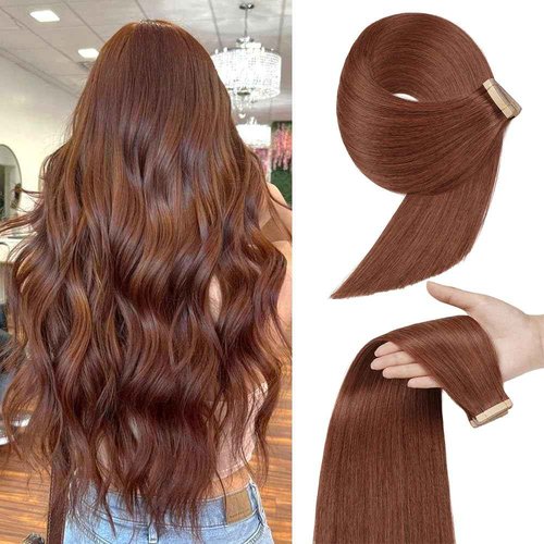 Tape in Hair Extensions Real Human Hair 24 Inch Dark Auburn Double Sided Tape for Skin Weft Hair Extension Invisible Straight Remy Human Hair for Women 20pcs (33#,24 Inch)