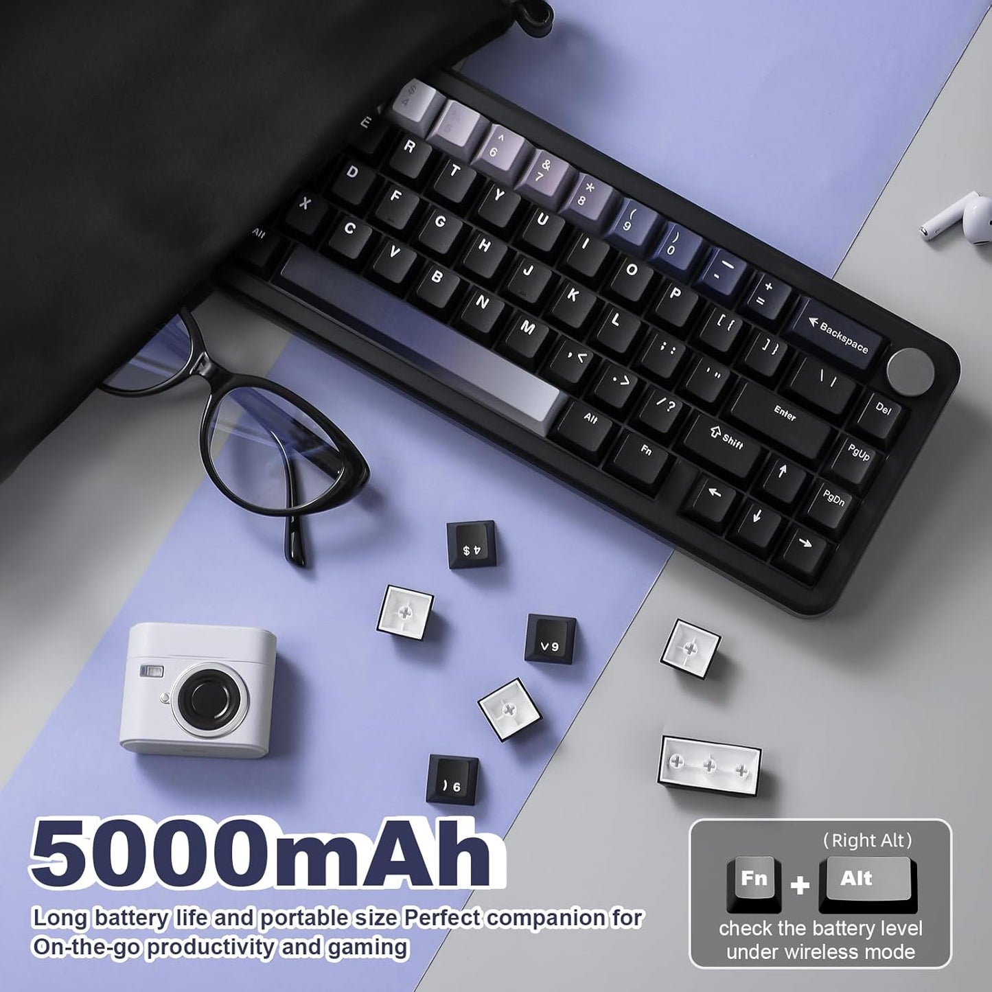 YUNZII B68 Wireless Mechanical Keyboard,Tri-Mode BT5.0/2.4GHz/USB-C,Cute PBT Keycaps,Hot Swappable Creamy Typing Gasket Mounted,RGB Backlit NKRO for Win/Mac (Black, Cocoa Cream V2 Switch)