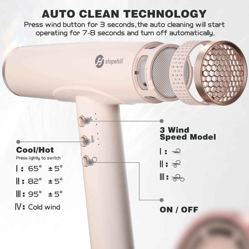 slopehill Professional Ionic Hair Dryer, High-Speed Blow Dryer with Brushless Motor for Salon Use, Lightweight Compact Hairdryer for Travel, Low Noise Quiet for Home, Ceramic Pink