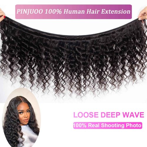 Pinjuoo Loose Deep Wave 3 Bundles with 4x4 HD Lace Closure 16 18 20+14 Inch 100% Unprocessed Remy Brazilian Hair Wet and Wavy Bundles with Closure Human Hair Natural Black Color for Women
