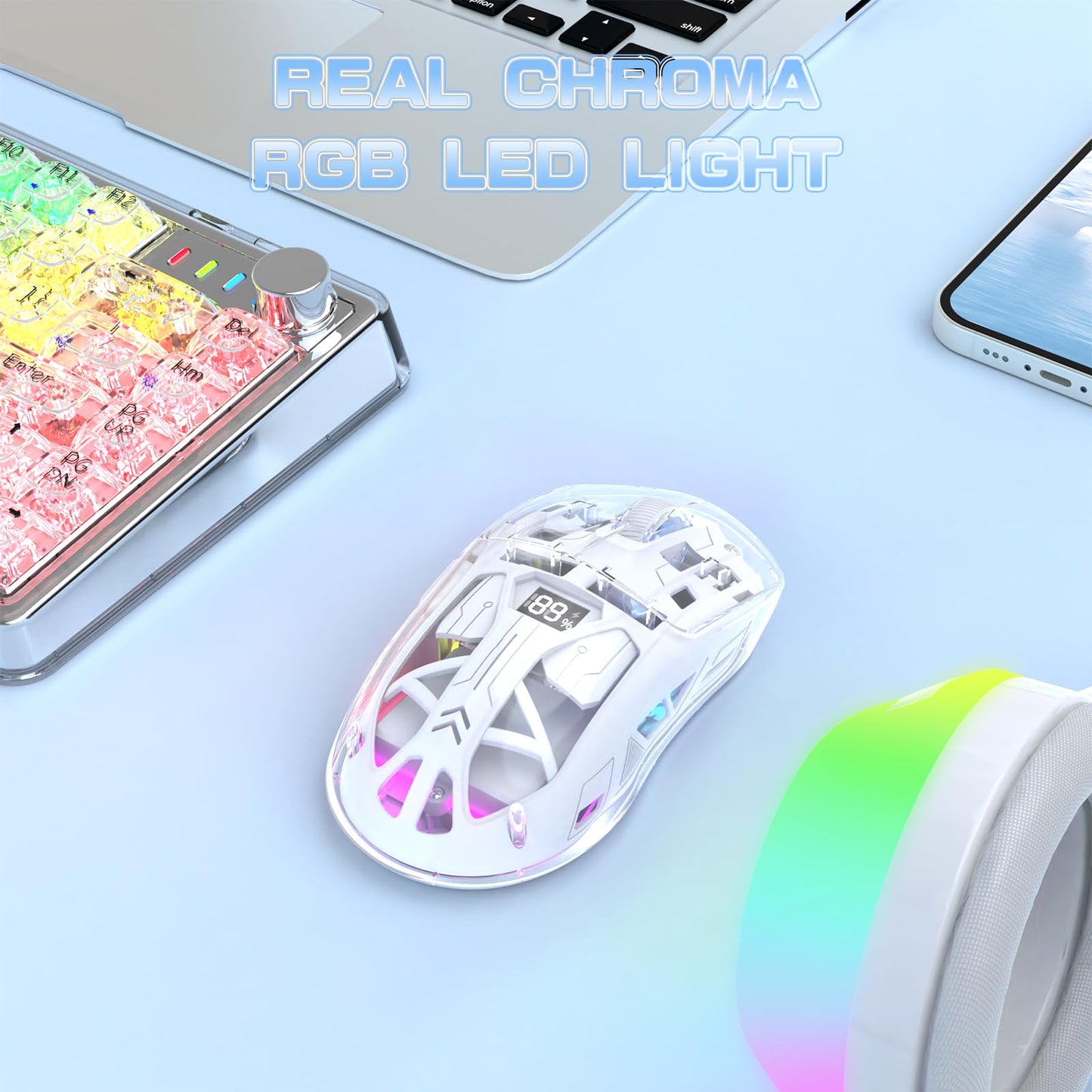ZIYOU LANG A2 Transparent Wireless Gaming Mouse with Battery Level Display,Bluetooth/2.4G Wireless PC Mice,3D RGB Backlit,5 Million Clicks,PixArt 3212,up to 4000 DPI for Win/MAC (White)