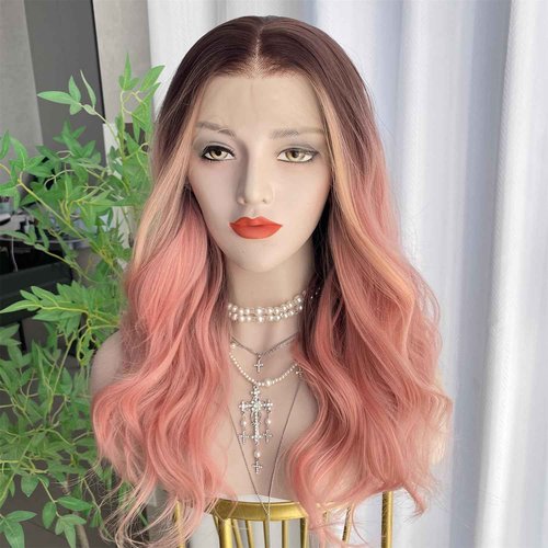 VASTCURY Rose Pink Wigs Highlight Orange Ombre Color 13x4 Synthetic Fiber Lace Front Wig Body Wave 18Inch Pre Plucked Hairline for Women