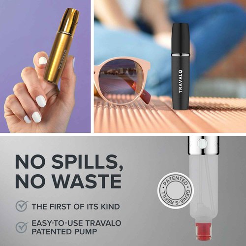 Travalo LUX Perfume Atomizer Bundle - Leak-Proof and TSA Approved for Air Travel - Reusable, Easy Fill Mini Pump Sprayer - Lightweight, Brushed Polished Metal - Gold, Black, Silver - 3 Pack