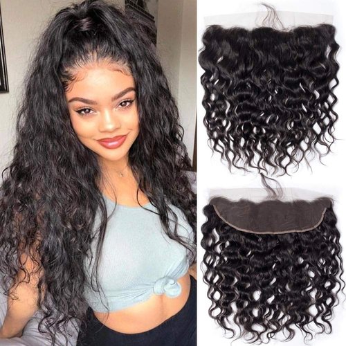 QTHAIR Brazilian Water Wave Human Hair Frontal 16A (20",Natural Black) 150% Density Brazilian Human Hair Water Wave Lace Closure HD Lace Color Swiss Lace Frontal