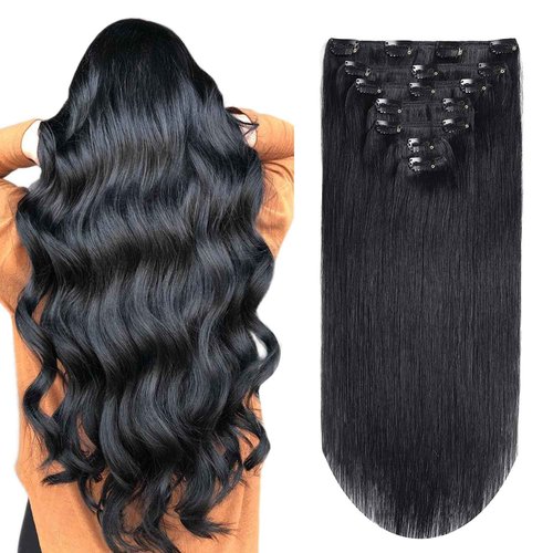 MIFIL Hair Extensions Real Human Hair 16 inch 120g Jet Black Hair Extensions Clip in Human Hair Straight Real Hair Extensions (16inch,7pcs,120g)